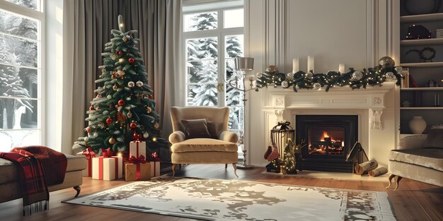 Interior de la sala de estar con chimenea decorada y fondo de árbol de Navidad Ai Generado