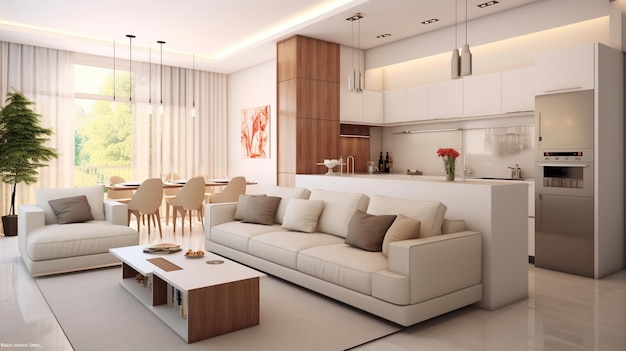 Interior de sala de estar y cocina modernas con sofá cómodo y mesa de centro Ai Generated