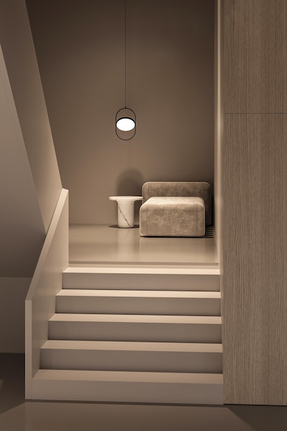 Interior de sala de estar de color beige con escaleras, techo, lámpara de iluminación nocturna y modelo de lienzo de piso de hormigón