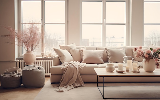 Interior de la sala de estar en color monocromático simple Concepto interior de diseño simple de un color
