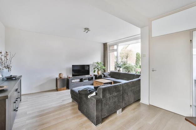 El interior de la sala de estar en colores brillantes, sofá gris sobre un piso de parquet claro