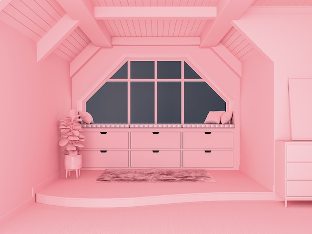 Interior de la sala de estar de concepto monótono rosa pastel con espacio abierto y piso de dos niveles, representación 3d