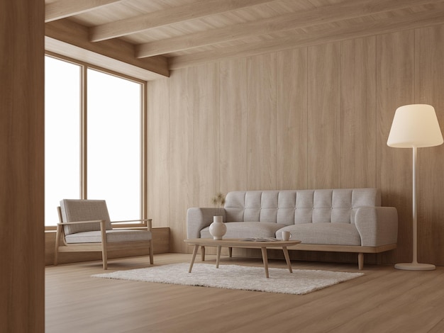 Interior de sala de estar contemporáneo moderno con todo el material de madera renderizado en 3D