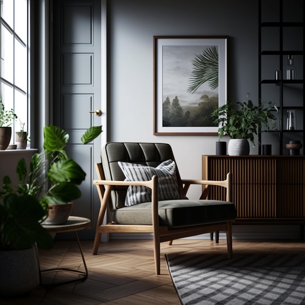 El interior de la sala de estar es moderno con un sillón de madera AI