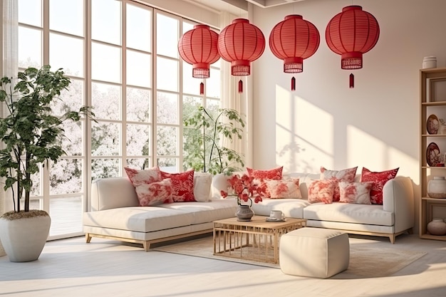 interior de la sala de estar en estilo chino estilo ecológico decorado con linternas rojas chinas iluminación natural