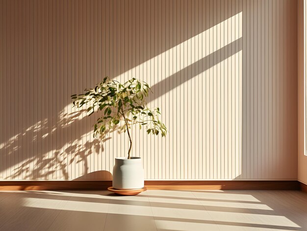 Interior de una sala de estar de estilo japonés con una pared de madera una planta en un jarrón y un banco 3d rende