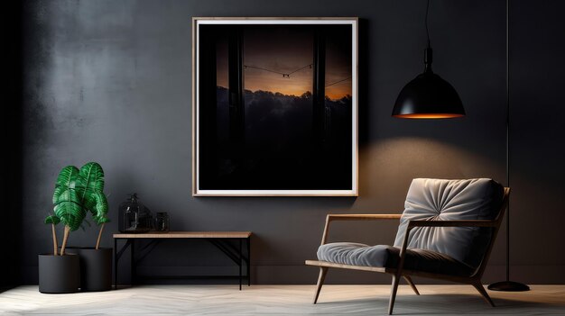 Interior de sala de estar de estilo loft moderno con un marco negro para un cartel fotográfico IA generativa