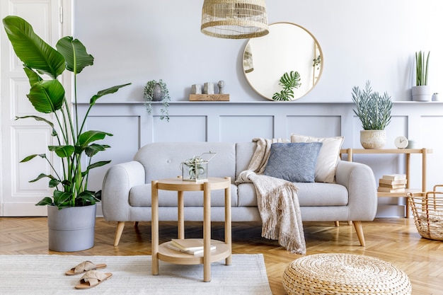 Interior de la sala de estar con estilo con sofá gris de diseño, mesa de café, puf de ratán, canasta, estante, espejo, plantas tropicales, decoración, alfombra y elegantes accesorios personales en la decoración del hogar moderno.