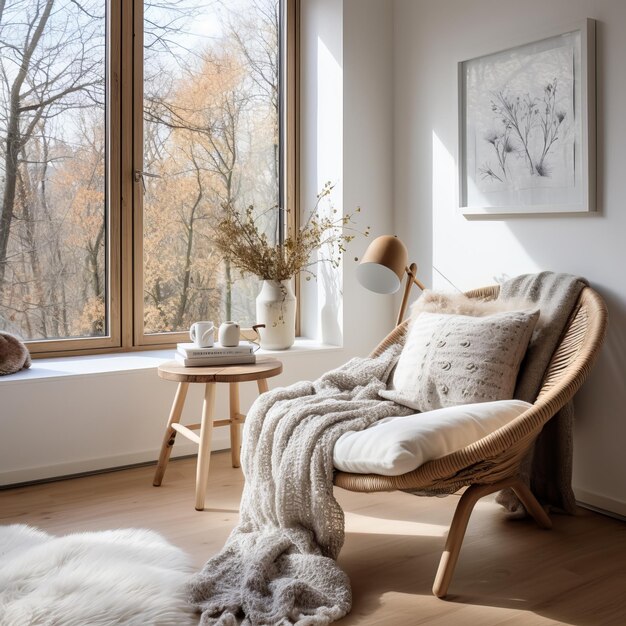 Foto interior de una sala de estar con una gran ventana con vistas al paisaje de invierno