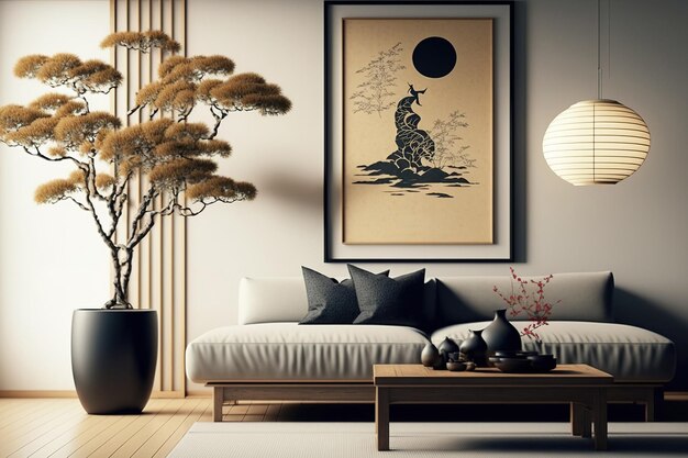Interior de una sala de estar japonesa con un marco de póster simulado, decoraciones de muebles y accesorios finos Plantilla Idea de diseño de interiores con estilo