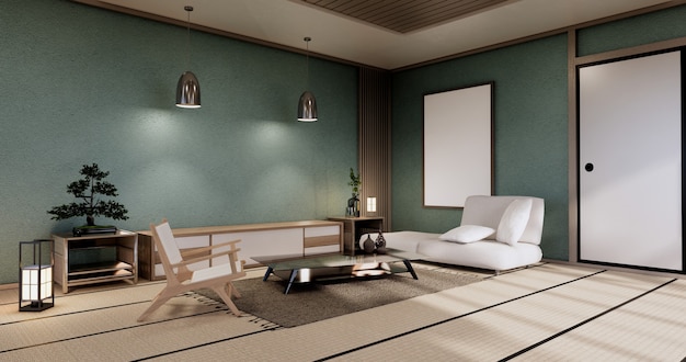 Interior de la sala de estar japonesa de menta moderna, sofá y mesa de gabinete en la pared blanca de la habitación background.3D rendering