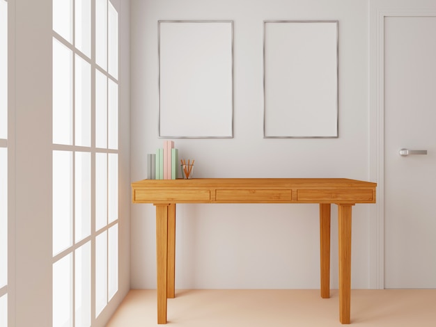 Interior de la sala de estar junto a la ventana con mesa de madera y cartel blanco en blanco