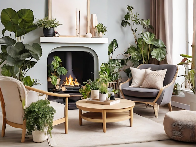 Interior de sala de estar ligera con sillones decorativos de chimenea y plantas de interior