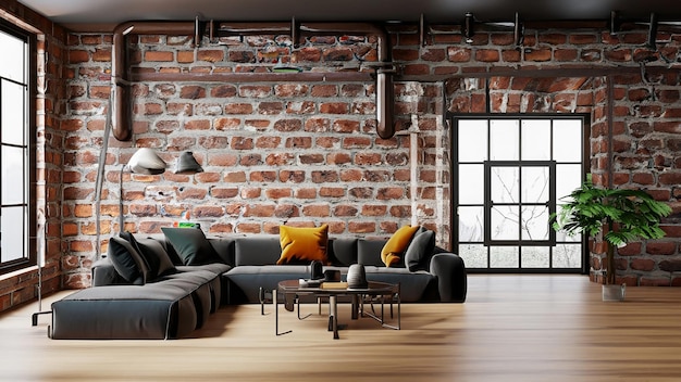 El interior de la sala de estar en el loft de estilo industrial renderizado en 3D