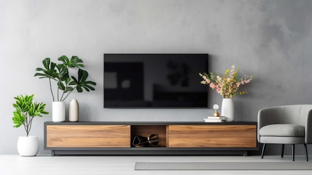 Interior de sala de estar de lujo con pantalla vacía Televisión Se 3D Render Generar IA