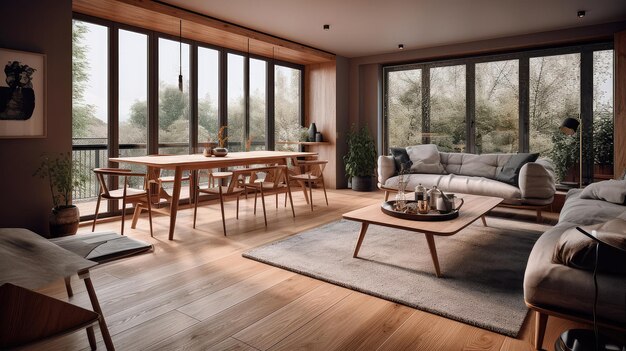 Interior de sala de estar de madera con mesa de comedor y sofá ventana panorámica IA generativa