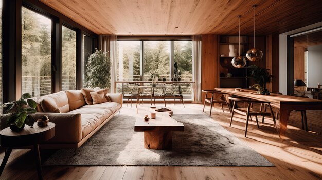 Interior de sala de estar de madera con mesa de comedor y sofá ventana panorámica IA generativa