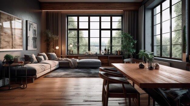 Interior de sala de estar de madera con mesa de comedor y sofá ventana panorámica IA generativa