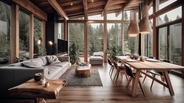 Interior de sala de estar de madera con mesa de comedor y sofá ventana panorámica IA generativa