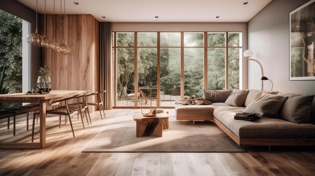 Interior de sala de estar de madera con mesa de comedor y sofá ventana panorámica IA generativa