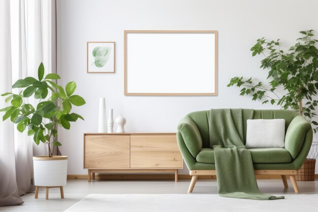 Interior de la sala de estar con marco de póster de maqueta, aparador de madera y sofá Decoración verde del hogar