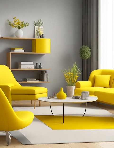 Interior de la sala de estar con mesas de café y sillón amarillo moderno diseño de casa 3d renderizado