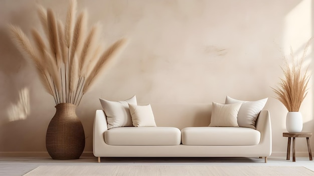 interior sala de estar minimalista con arte de pared y sofá blanco y jarrón blanco