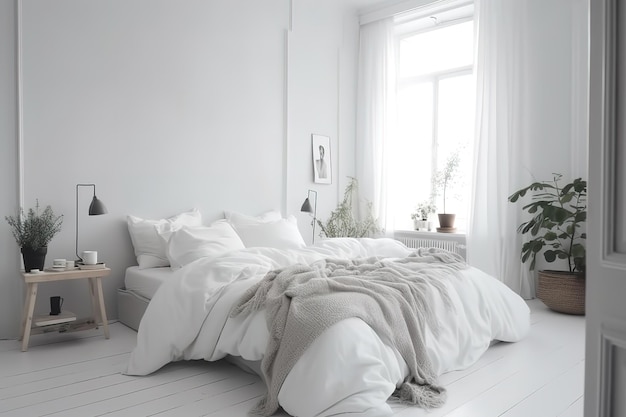 Interior de sala de estar minimalista blanco con sofá en una decoración de piso de madera en una pared grande paisaje blanco en la ventana Hogar Interior nórdico Maqueta de póster interior escandinavo AI generativa