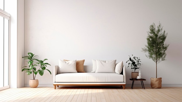 Interior de sala de estar minimalista blanco con sofá en un piso de madera IA generativa