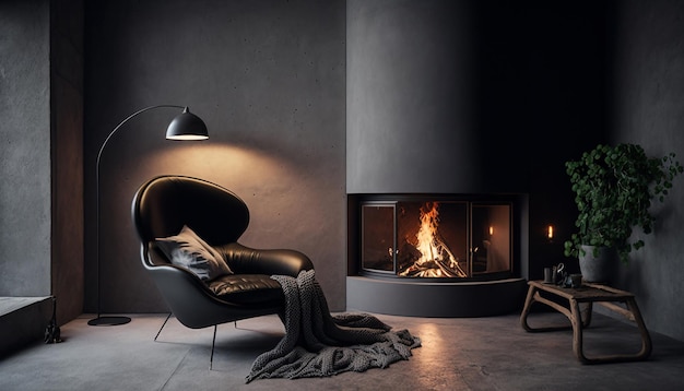 Interior de sala de estar minimalista con sillón de chimenea moderno y paredes de yeso gris Maqueta interior IA generativa