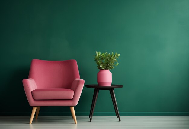 El interior de la sala de estar moderna, brillante y acogedora, con un sillón de color rosa oscuro sobre un fondo de pared verde vacío