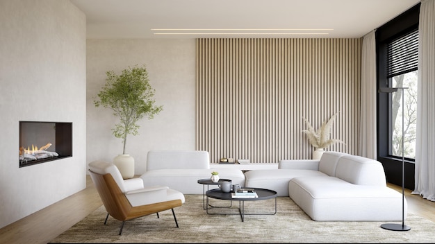 Interior de sala de estar moderna con chimenea 3D rendering
