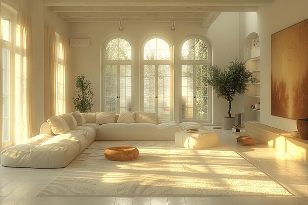 interior de la sala de estar moderna con madera blanca imagen de la habitación de estar en el estilo de ray tracing generativa AI