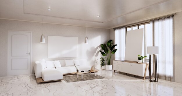 Interior, sala de estar moderna y minimalista con sofá en la pared blanca y piso de baldosas de granito. Representación 3D