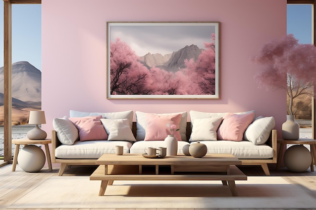 Interior de una sala de estar moderna con una pared rosa en 3D