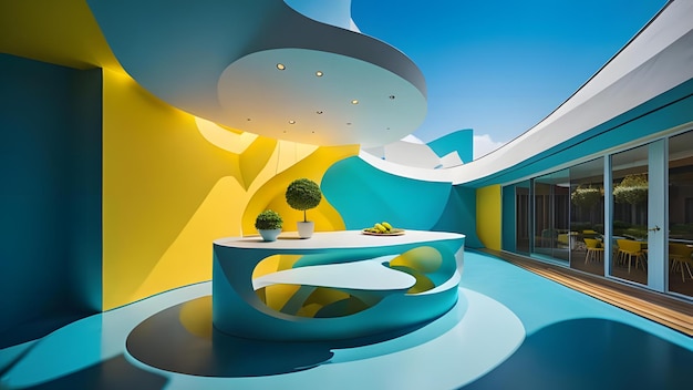 Interior de una sala de estar moderna con paredes azules y amarillas una mesa de café redonda y un gran espejo generativo ai