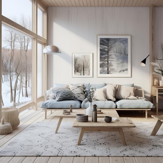 Interior de sala de estar moderna con paredes blancas piso de madera cómodo sofá y sillón cerca de wi