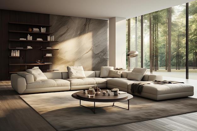 Interior de sala de estar moderna con paredes blancas piso de madera sofás beige con cojines y café