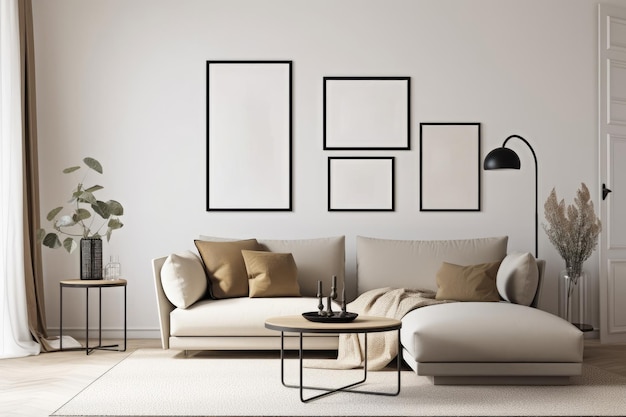 Interior de sala de estar moderna con paredes blancas, suelo de madera, sofá beige con cojines, mesa de centro y marcos de afiches simulados Marco de afiches simulados en la pared de una sala de estar Generado por IA