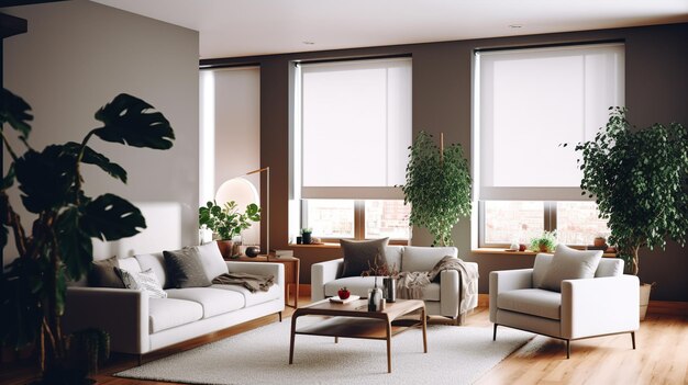 Interior de una sala de estar moderna con paredes blancas suelo de madera sofá naranja y mesa de café