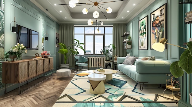 Interior de sala de estar moderna con paredes de madera marrón sofá blanco y plantas renderización 3d