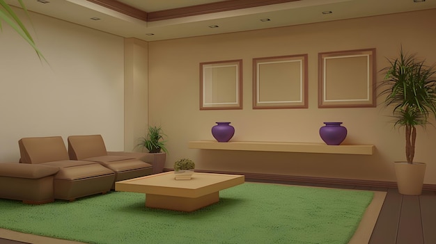 Interior de sala de estar moderna con paredes de madera marrón sofá blanco y plantas renderización 3d