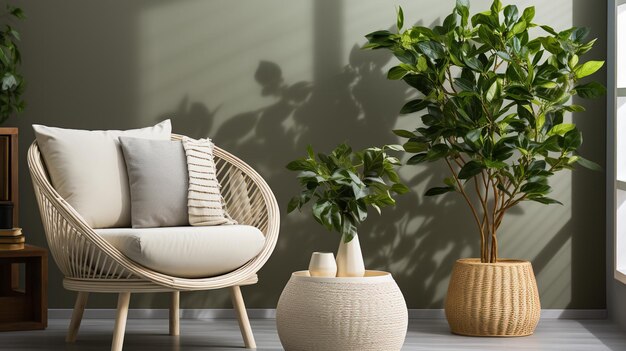 interior de una sala de estar moderna con plantas verdes y sofá