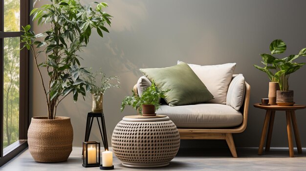 interior de una sala de estar moderna con plantas verdes y sofá