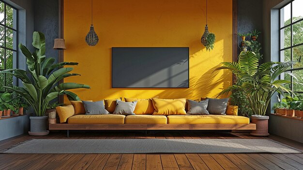 Interior de una sala de estar moderna que incluye un sofá, una lámpara de piso, una TV inteligente y una planta en maceta xAxA