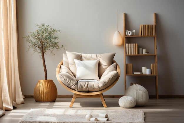 Interior de una sala de estar moderna con un sillón con almohadas, un estante para libros y una planta de interior en una maceta en el suelo