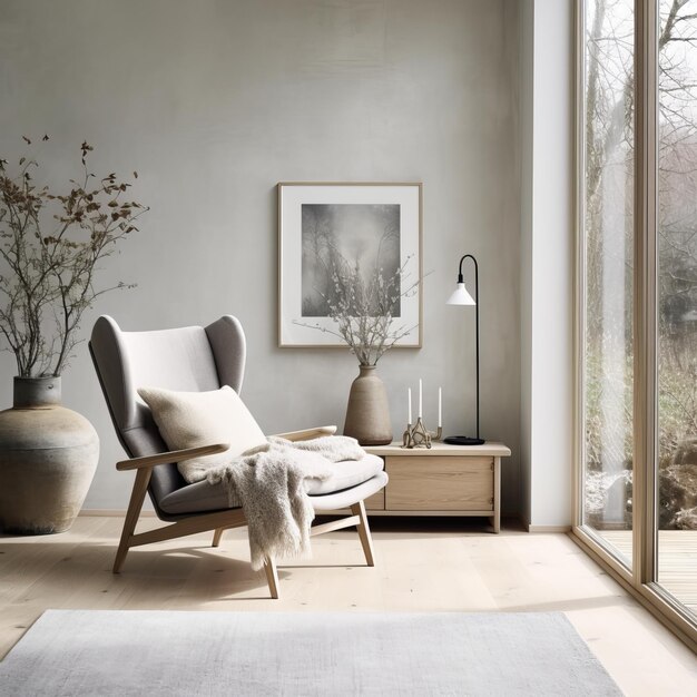 Interior de la sala de estar moderna con sillón gris estantería y ventana con paisaje de invierno 3d re