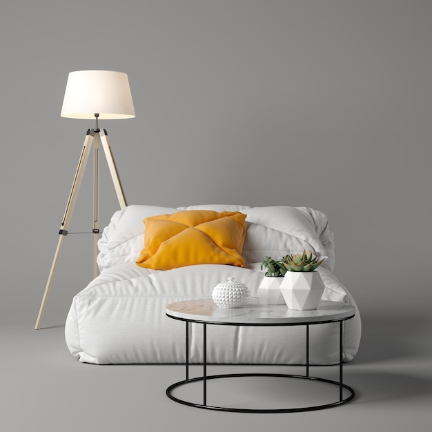 Interior de una sala de estar moderna con sillón y muebles en 3D