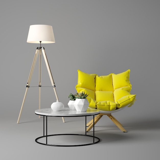 Interior de sala de estar moderna con sillón y muebles de renderizado 3D