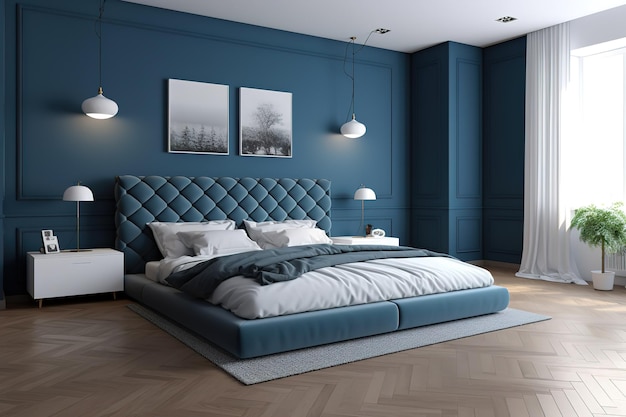 El interior de una sala de estar moderna con un sofá azul oscuro Sala de estar moderna y acogedora y diseño de interiores de fondo de textura de pared azul Representación 3D AI generativa